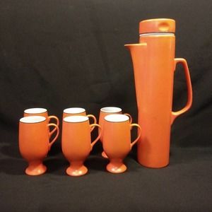 Retro 1960s MCM Lagardo Tackett Orange Coffee Espresso Set in Kelco *MINT*